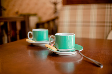  Set of Blue Coffee cups beverage, tea pot, drinks cappuccino. Horizontal several objects copyspace. destiny cookies