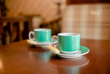 Fototapeta na wymiar Set of Blue Coffee cups beverage, tea pot, drinks cappuccino. Horizontal several objects copyspace. destiny cookies