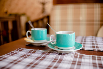  Set of Blue Coffee cups beverage, tea pot, drinks cappuccino. Horizontal several objects copyspace. destiny cookies