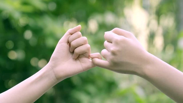 hands hook each other's little finger on nature background, concept of promise 