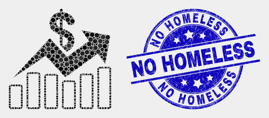 Dot sales trend charts mosaic icon and No Homeless seal stamp. Blue vector rounded scratched seal stamp with No Homeless text. Vector combination in flat style.