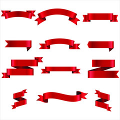 Red Ribbon Set InIsolated White Background, Vector Illustration