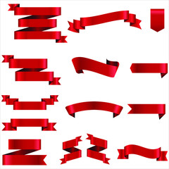 Red Ribbon Set InIsolated White Background, Vector Illustration