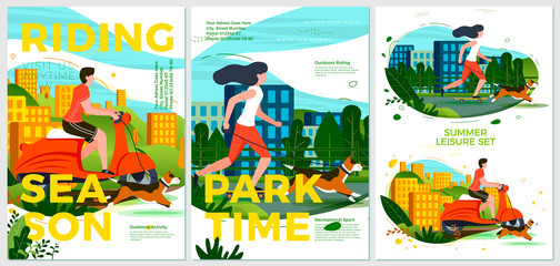 Vector summer sport posters set - motorbike and rolling in park. City, forests, trees and hills on background. Print template with place for your text.