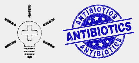 Pixel medical lamp light mosaic pictogram and Antibiotics seal stamp. Blue vector round distress seal with Antibiotics text. Vector composition in flat style.