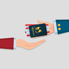 hand over passport with the tickets isolated vector illustration 