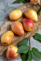 Still life of yellow-red pears with green leaves on a wooden background. Ripe juicy pears lie on Kraft paper. Flat lay.
