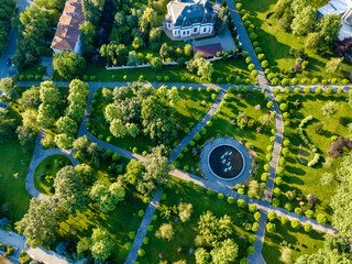 Flying Drone over Park. Central city park, Slatina, Romania.