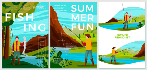 Vector summer fishing posters set - man with rod catching trout in river. Forests, trees and hills on background. Print template with place for your text.