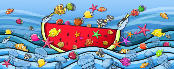 Underwater world Fun watermelon Boat  Paint and middle of the ocean