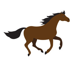 Vector brown bay flat cartoon horse galloping isolated on white background