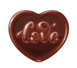Chocolate in the form of heart with Love word isolated on white background. Vector lettering © polygraphus
