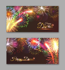 Happy Diwali horizontal flyers with realistic dazzling display of fireworks on brown background. Popular festival of hinduism vector illustration. Traditional and spiritual indian holiday design.