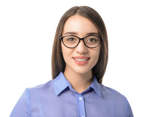 Beautiful young businesswoman on white background