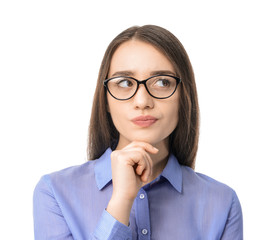 Thoughtful young businesswoman on white background