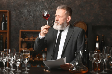 Mature sommelier working in wine cellar