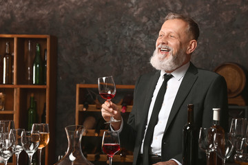 Mature sommelier working in wine cellar