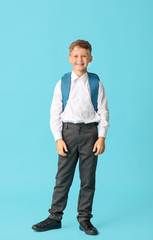 Cute little schoolboy on color background