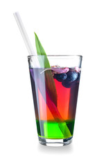 Glass of tasty summer cocktail on white background