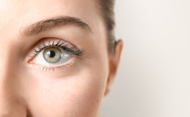 Naklejka premium Beautiful young woman with eyelash extensions on grey background, closeup