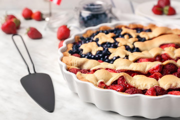 Tasty American flag pie on table, closeup