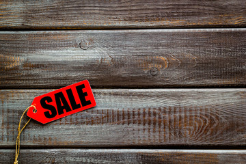 Sale labels on wooden background top view mockup