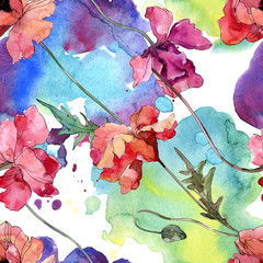 Poppy floral botanical flower. Watercolor background illustration set. Seamless background pattern.