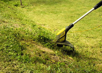 Trimmer for cutting the lawn. Grass shearing equipment. Garden technology.