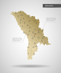 Stylized vector Moldova map.  Infographic 3d gold map illustration with cities, borders, capital, administrative divisions and pointer marks, shadow; gradient background. 