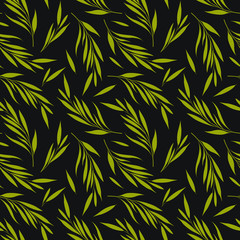 Vector seamless pattern with golden floral elements on black background. Branches with leaves. Simple design for fabrics, wallpapers, textiles, web design.