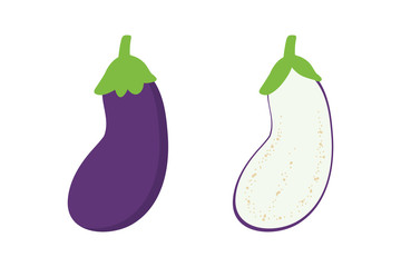 Cute cartoon style vector eggplant or aubergine, whole and cut in half for harvest, cooking design.