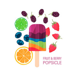 Fruit popsicle with cutted fruit and beries on white background. Hand drawn vector illustration. Colorful concept.