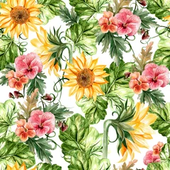 Gordijnen Tropische Bladeren Bright watercolor autumn seamless pattern with flowers of sunflower and violets.   © knopazyzy