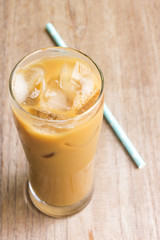 Ice coffee on wood table. Freshness drink.