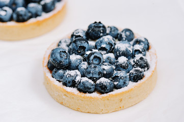 Delicious dessert blueberry mini tart with fresh berries and whipped cream. French cuisine. Berry pie with cream and icing sugar. Closeup. Shallow DOF