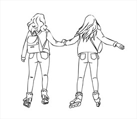 Two Girls ride on Roller skates, Rear view. Girls in jeans Ride on rollers. Modern flat Vector illustration on white background, outline.