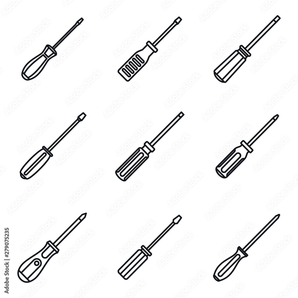 Poster screwdriver tool icons set. outline set of screwdriver tool vector icons for web design isolated on 