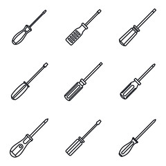 Screwdriver tool icons set. Outline set of screwdriver tool vector icons for web design isolated on white background