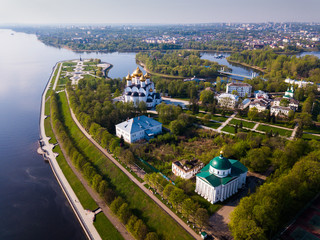 Panoramic aerial view of  district of Yaroslavl at quay of Volga river