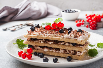 Cottage cheese dessert of crispy dietary bread, curd and blueberries with red currants. Selective focus.