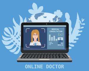 Online doctor women healthcare concept icon set. Doctor videocalling on a laptop