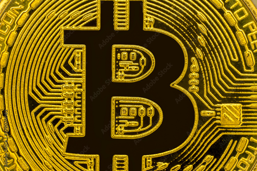 Poster Bitcoins and New Virtual money concept.Gold bitcoins with Candle stick graph chart and digital background.Golden coin with icon letter B.Mining or blockchain technology