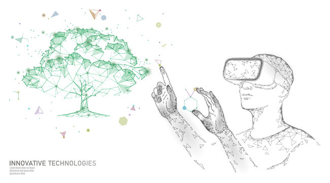 Virtual digital biotechnology tree engineering concept. 3D render VR helmet augmented reality vitamin supplement. Medical science life eco polygon biology future research vector illustration