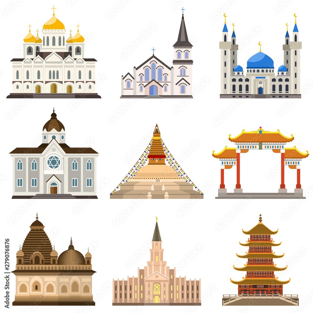 Poster temple icons set. flat set of temple vector icons for web design
