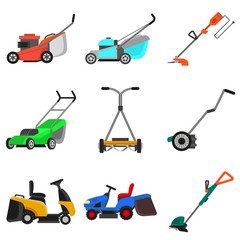 Lawnmower icons set. Flat set of lawnmower vector icons for web design