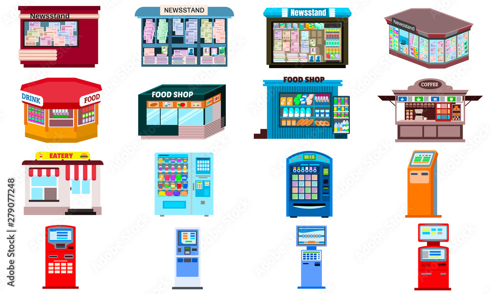 Poster kiosk icons set. flat set of kiosk vector icons for web design