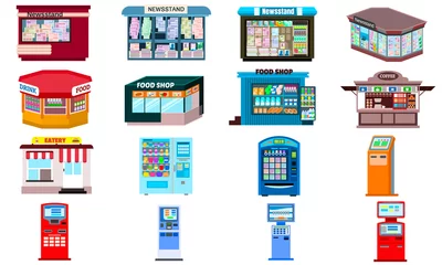 Deurstickers Kiosk icons set. Flat set of kiosk vector icons for web design © nsit0108