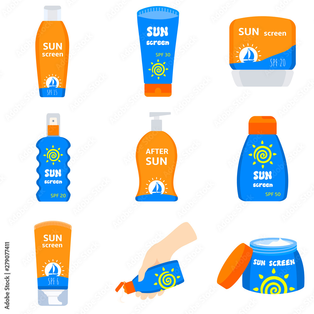 Aufkleber sunscreen icons set. flat set of sunscreen vector icons for web design