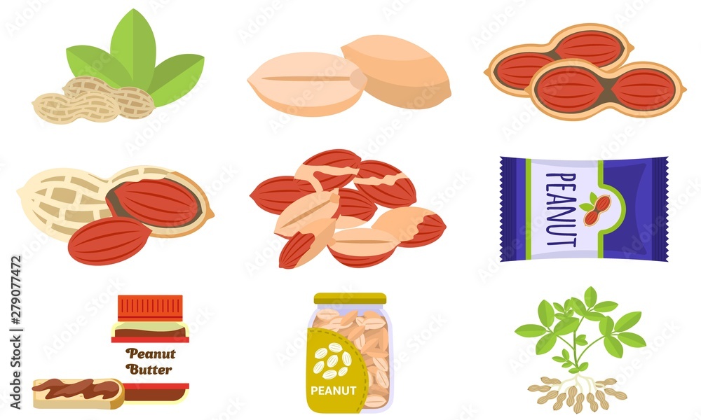 Poster peanut icons set. flat set of peanut vector icons for web design