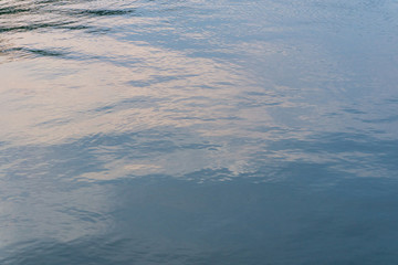 Water ripple surface reflection effect from sunset and sky top view at lake in evening day,silver nature wave abstract background